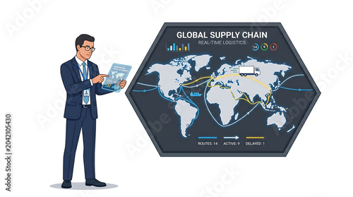 Flat vector illustration of a business man examining a global supply chain map