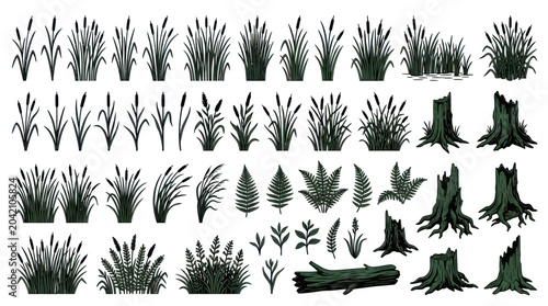 Illustration Set: Reeds, Ferns, Stumps, Log - Nature Elements Collection