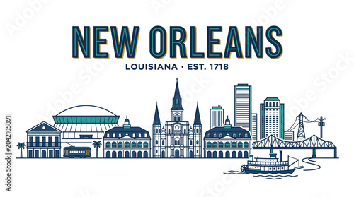 Εκτύπωση καμβά New Orleans Skyline Illustration with Historic and Modern Buildings