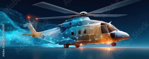 Abstract low-poly helicopter on a dark blue background, futuristic aircraft concept art