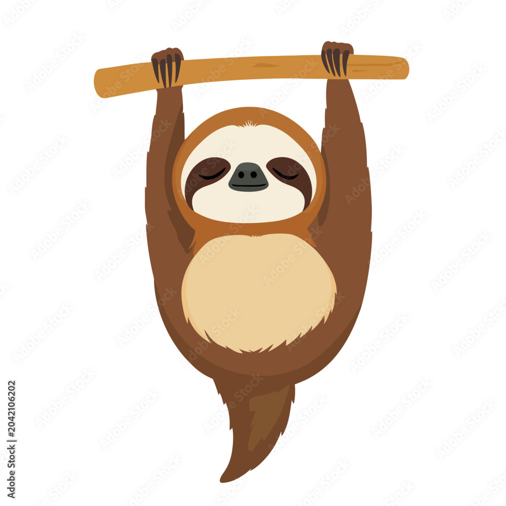 Fototapeta premium A cartoon sloth hangs peacefully from a branch, depicting a cute and relaxed animal