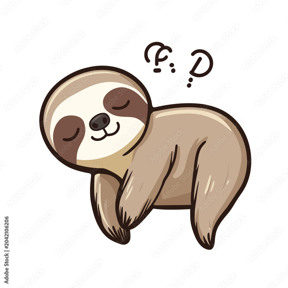 Fototapeta premium Adorable illustration of a sleepy, cartoon sloth with closed eyes, and question mark doodles