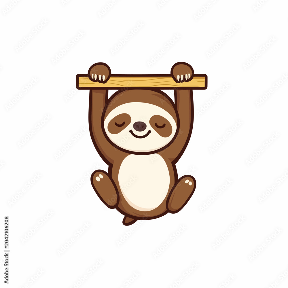 Fototapeta premium Adorable cartoon sloth hanging from a wooden bar, smiling with closed eyes, soft color scheme