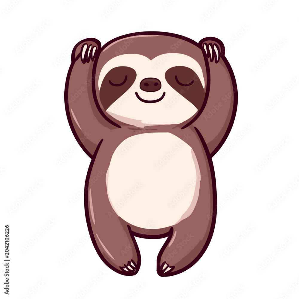 Fototapeta premium A cartoon sloth raises its arms and closes its eyes, showing a serene, cheerful expression