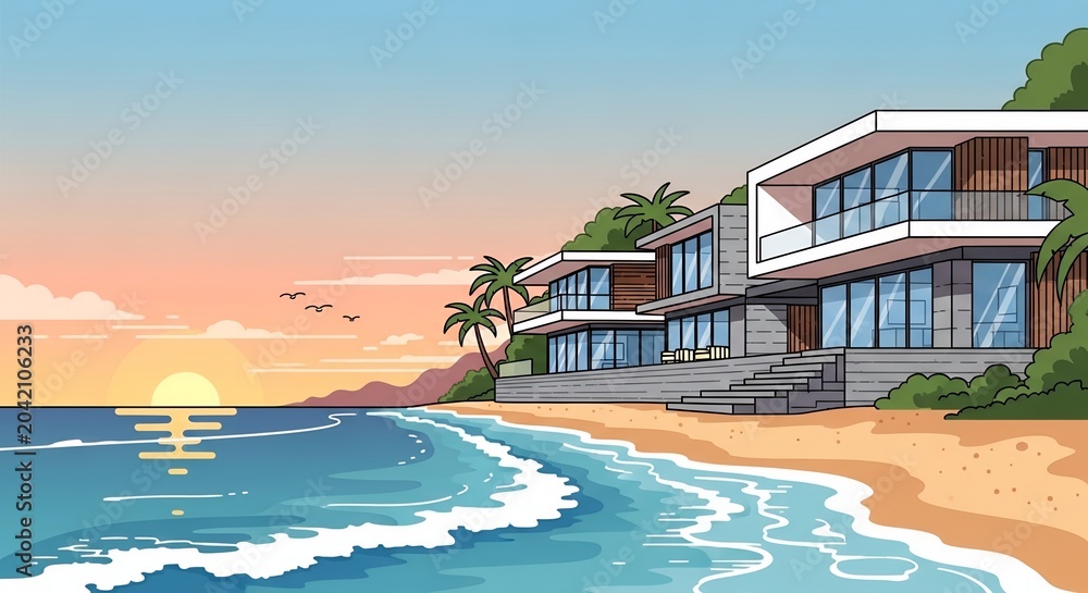 Fototapeta premium Modern Luxury Beachfront Villas Illustration with Sunset Ocean View and Tropical Palm Trees