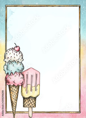 Watercolor illustration of ice cream cone and popsicle with copy space. Summer dessert frame for invitation or menu. Pastel background with sweet treats