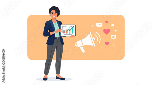 Flat vector illustration of a businesswoman presenting marketing data and analytics with a megaphone for promotion and engagement