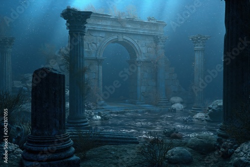 Ancient Underwater Ruins with Stone Columns and Forgotten Temple