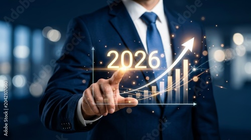 Business professional pointing at an upward growth arrow and highlighting the year 2026 on a financial chart.