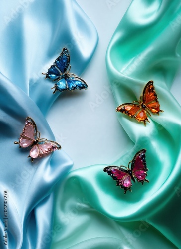 Colorful butterfly brooches on draped silk fabric. Vertical photo of luxury gemstone jewelry accessories on shimmering blue and green satin. Flat lay composition of elegant fashion pins