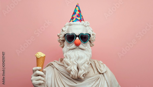 Funny statue with sunglasses and birthday hat holds ice cream cone in front of pink background