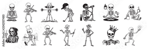 Funny skeleton characters in various poses and activities vector set