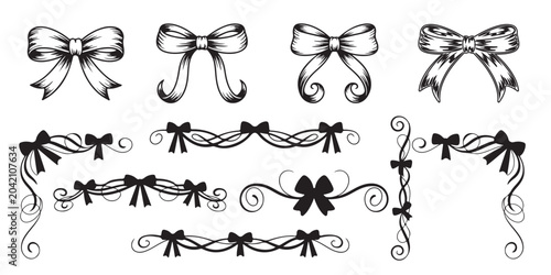 Hand drawn decorative ribbon bows and elegant scroll corners silhouette set