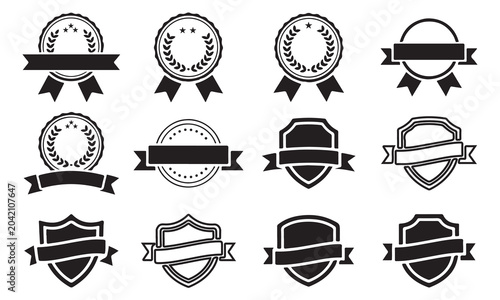 Vintage certificate seals and blank shield badges vector silhouette set