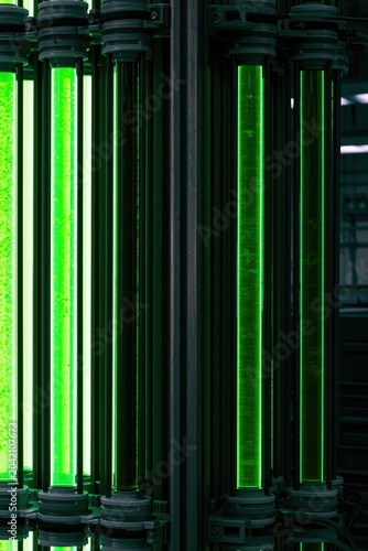 Glowing Green Algae Bioreactor Tubes in Advanced Biotechnology Facility