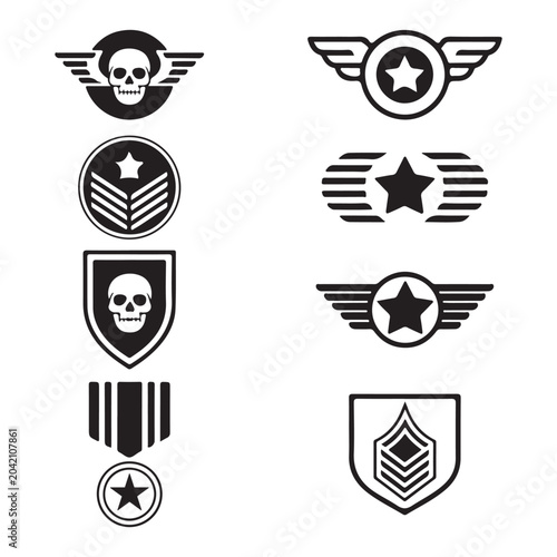 Military tactical patches and skull wing badges vector silhouette set