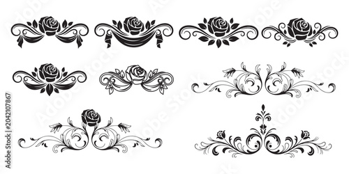 Elegant rose floral dividers and vintage vignette borders vector set