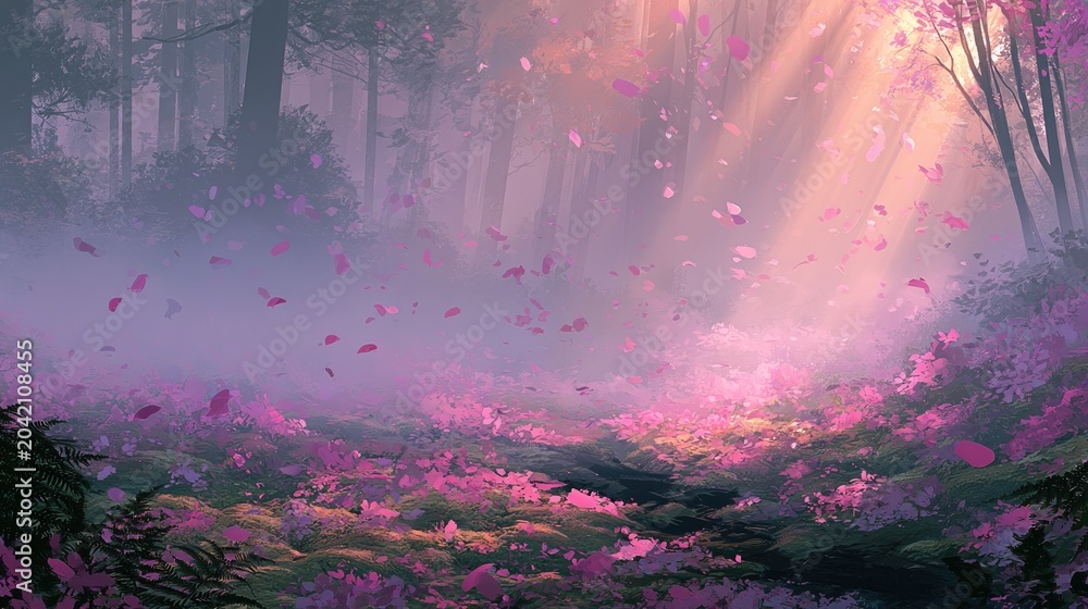 Fototapeta premium Sunlight streams through a misty forest, illuminating falling pink petals