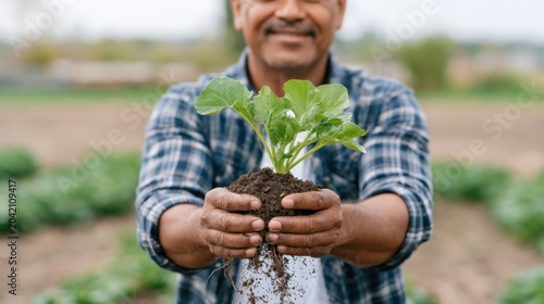 Man holding a young roots plant with soil in hands, smiling in a green field with rows of crops and a blurred background of agricultural landscape