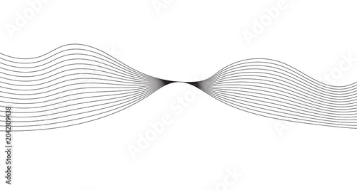Minimalist black wave lines on white background, abstract flowing ribbon pattern, elegant geometric linear design for modern corporate branding and digital web headers