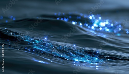 Rippling dark water surface with shimmering bioluminescent blue particles