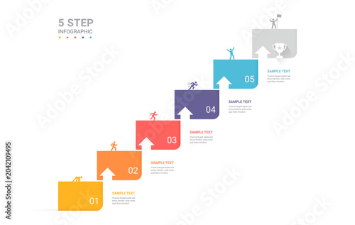 Infographic Staircase Step Business Growth timeline with 5 Step Arrow Process and Concepts for Success Diagram Background