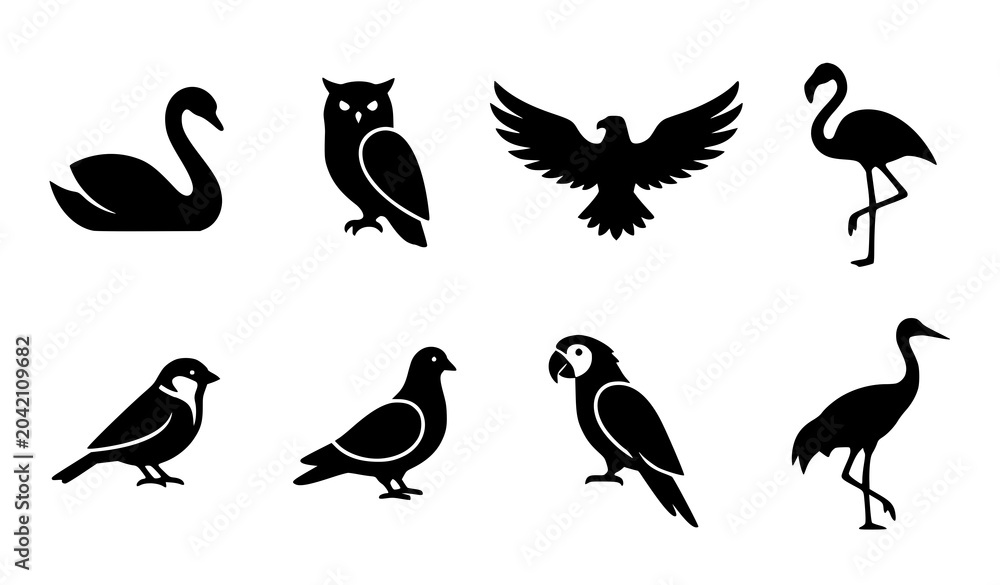 Fototapeta premium Minimal black silhouette bird collection set featuring swan owl eagle and flamingo wildlife vector icons