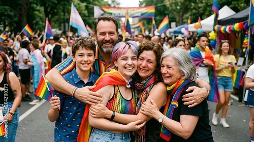 Happy family celebrating LGBTQ+ pride event with rainbow flags and smiles