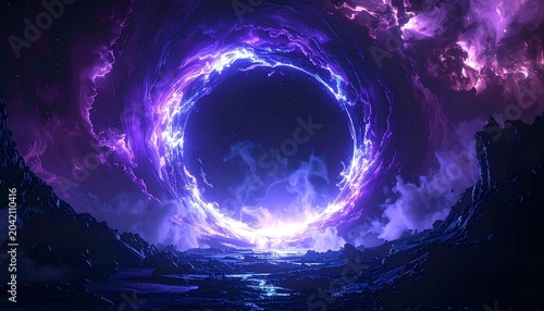 Cinematic cosmic portal with swirling energy in deep space, purple blue dimensional gateway