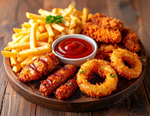 Crispy fried snack platter with fries, chicken, and onion rings served with dipping sauce, fast food concept
