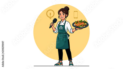 Chef presenting a meal with a microphone, symbolizing culinary arts and presentation skills in a flat vector illustration