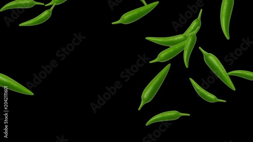Falling fresh green chilies motion graphics with plain black background