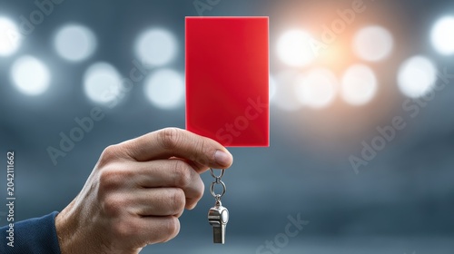 Hand holds a red card and whistle in front of blurred stadium lights