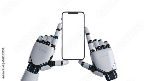 Robotic hands holding smartphone with artificial intelligence technology concept