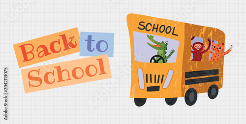 Photography Back to School banner with school bus, Crocodile, Monkey and Cat passengers