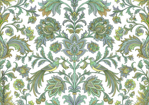Fotografie Vintage damask seamless pattern with two birds, blooming flowers, curling branches and leaves, hand drawn vector illustration for wallpaper, textile and packaging design