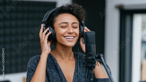Female singer wearing headphones smiles while recording vocals in a professional studio with soundproofing panels and microphone visible in the background