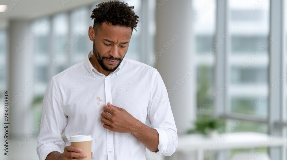 Obraz premium Man in white shirt with coffee cup examines stain on clothing while standing in a modern indoor setting with large windows and greenery visible in the background