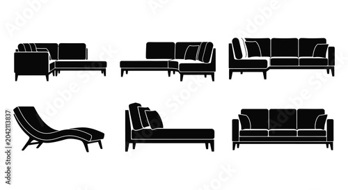 Foto Black Silhouette Of Sofas And Chaise Lounges Against White Background