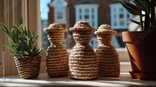 Three textured straw figures stand side by side on a sunlit interior window ledge.