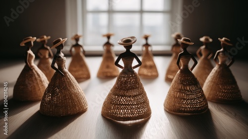 Group of handcrafted straw dolls wearing wide brimmed hats and sweeping gowns stands indoors near a bright window