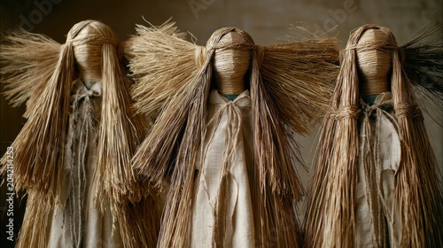 Three handcrafted figures constructed from woven straw and natural fabric stand closely together.