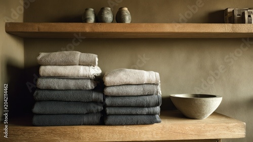 Neatly stacked, folded bath linens display soft textures on a rustic wooden shelf against a muted wall