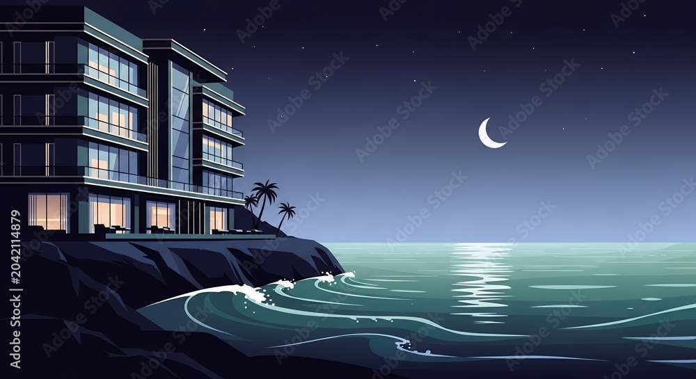 Naklejka premium Modern Luxury Resort Building on Sea Cliff at Night, Beachfront Apartment Illustration with Moon Stars and Ocean Waves