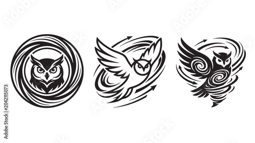 Three stylized black and white owl icons with swirling vortex patterns in a minimalist line art composition.