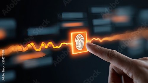 Finger touching glowing fingerprint icon, representing digital security and authentication