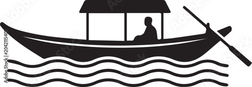 Tableau sur toile Traditional Wooden Boat Silhouette with Boatman Rowing on Water Waves Vector Illustration