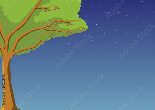 Beautiful nature background illustration featuring a large green tree branch against a starry night sky with ample copy space for text and creative designs. Ideal for storybook artwork.