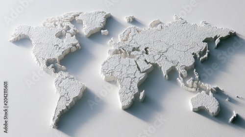 Textured, raised white landmasses form a world map on a subtle grey background