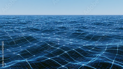Abstract grid overlaying shimmering blue ocean waves under clear sky